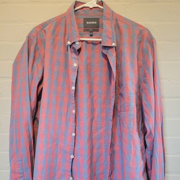Bonobos Men's Slim Fit Gingham Button Down Shirt Red & Blue - Size L - Picture 1 of 4